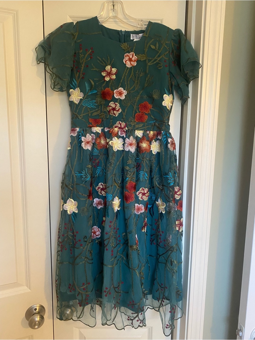 Ivy City Co Teal Midi Dress with Multicolored Floral Embroidery